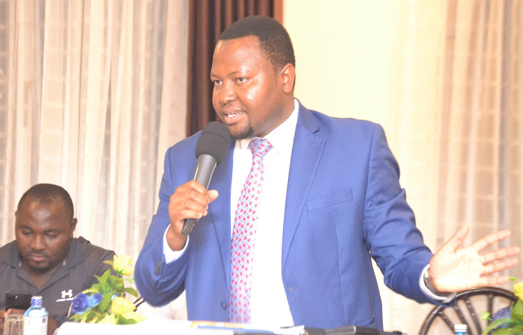 Kitui assembly speaker Kevin Katisya addressing the end of year party at a Kitui hotel on Wednesday evening.