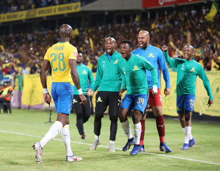 Anthony Laffor of Mamelodi Sundowns celebrates goal with teammates during the Absa Premiership 2018/19 match between Mamelodi Sundowns and Cape Town City at the Loftus Versveld Stadium, Pretoria on the 27 February 2019.