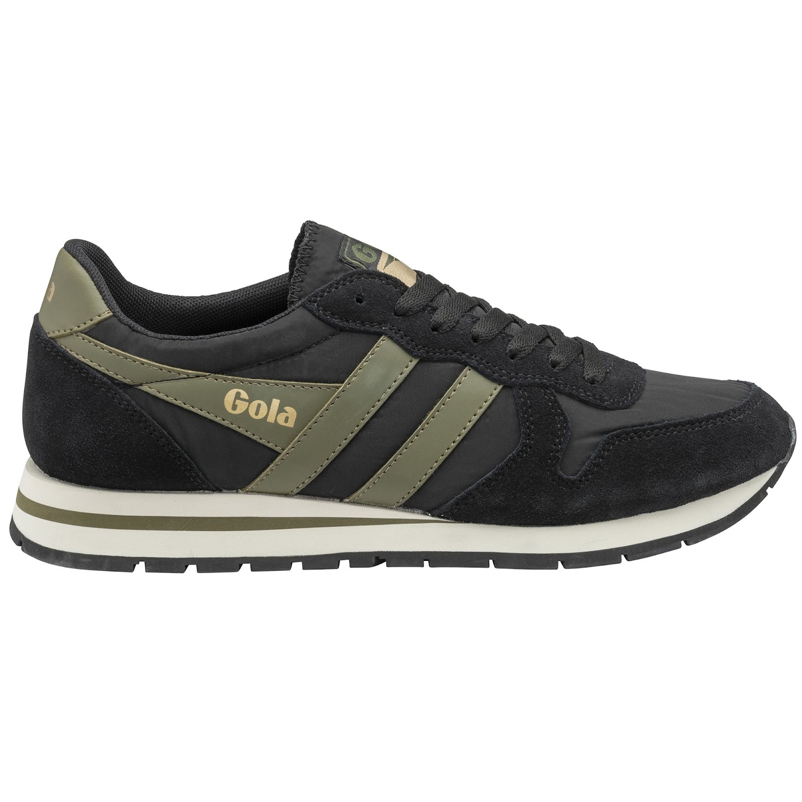 Low-top black men's Gola trainers with olive branding