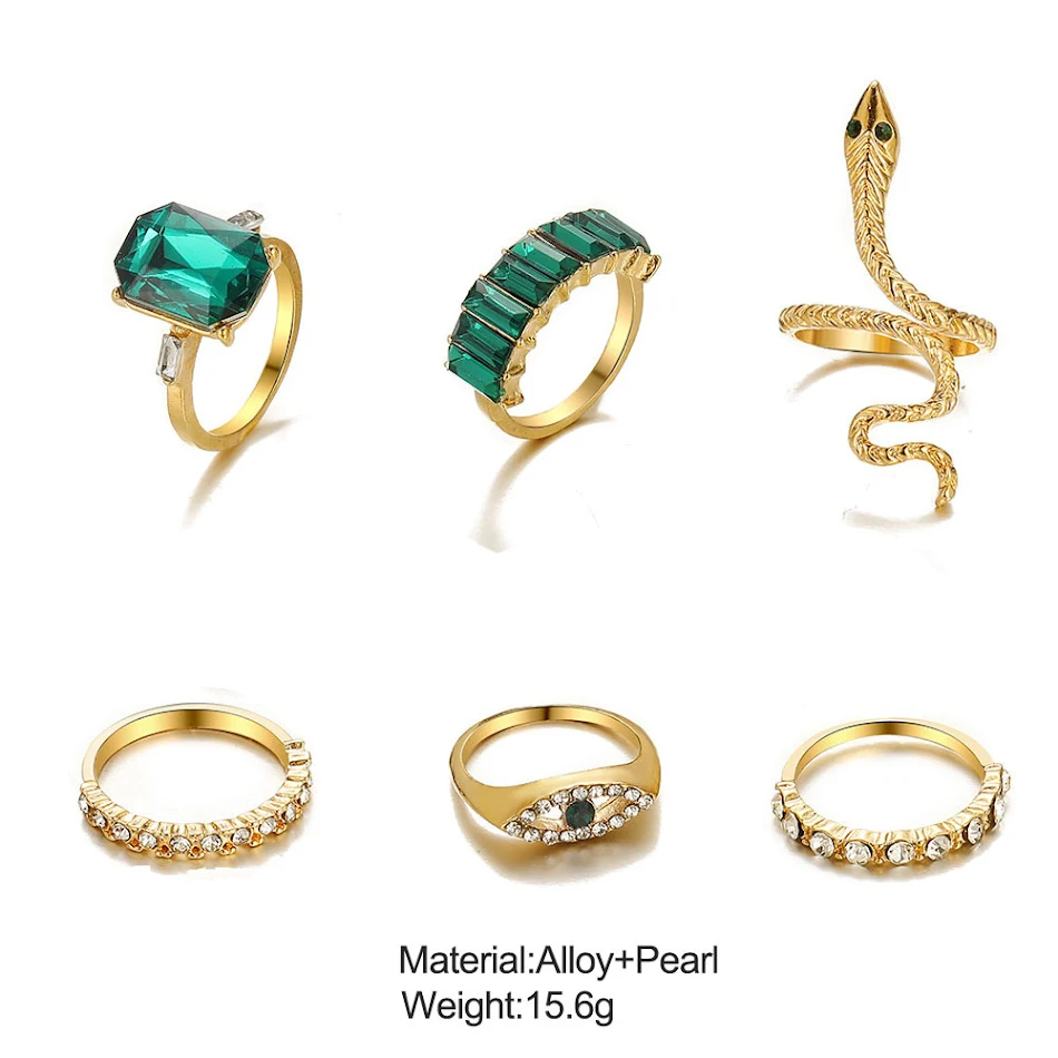Conjunto de anéis geométricos de moda feminina com strass verde. Adicione um toque de brilho e sofisticação ao seu visual diário.