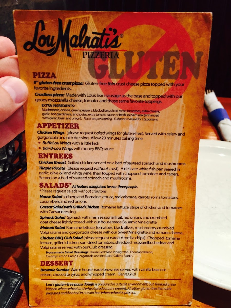 Lou Malnati's Pizzeria gluten-free menu