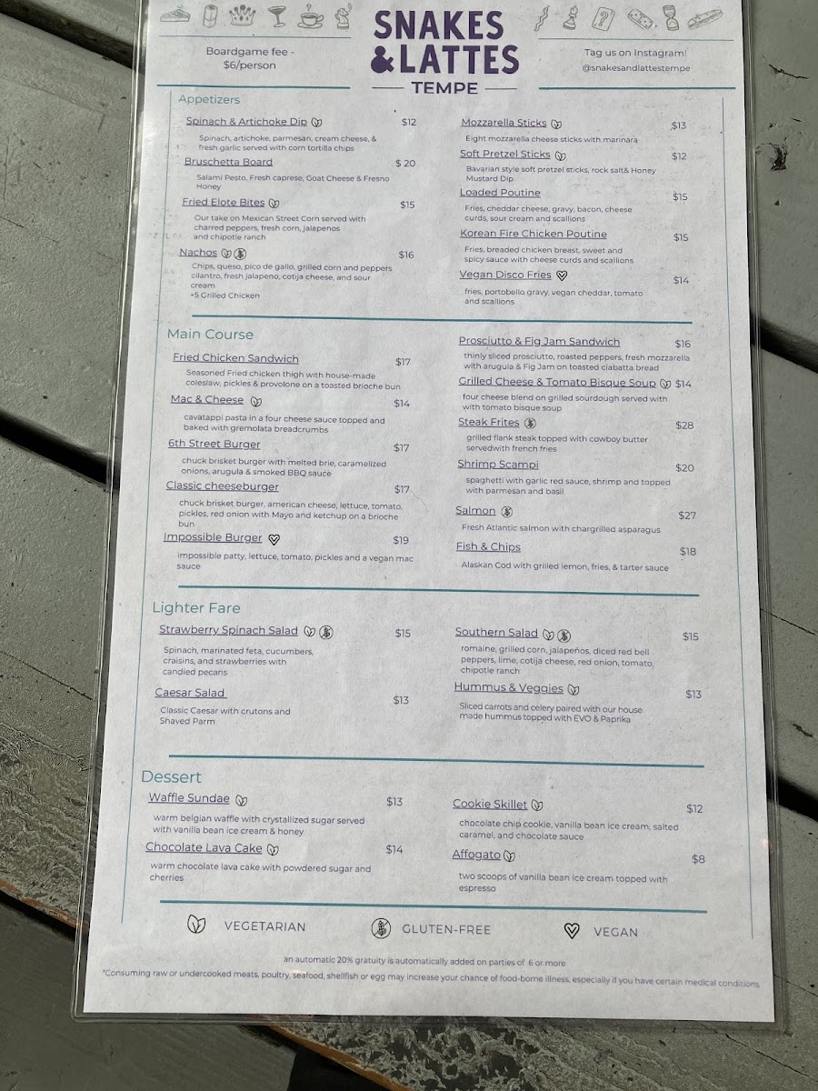 Menu with GF marked. The prices of nachos was $2 cheaper than this printed menu.