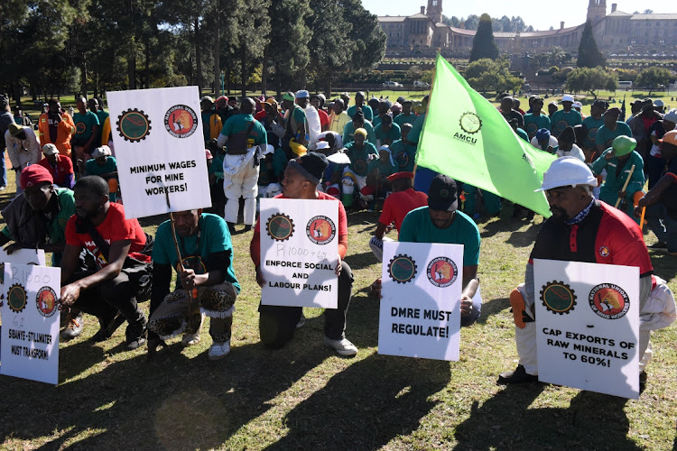 Sibanye Stillwater mine workers protest outside the Union Buildings in Pretoria where they have been camping for three weeks.