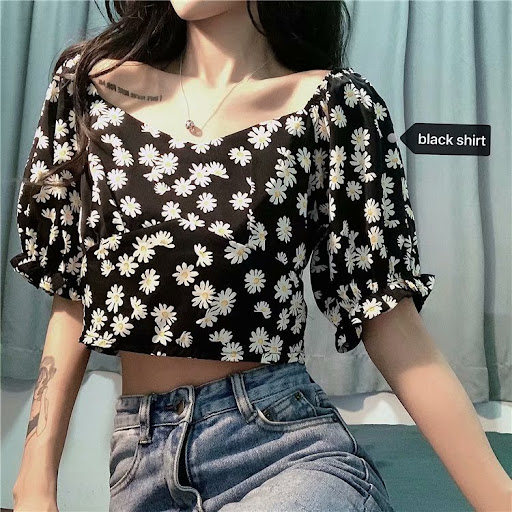 Title 2, High waist small daisy V-neck shirt dress net r...