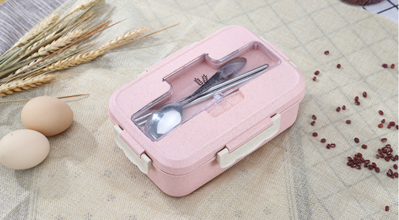 Custom creative wheat straw lunch box for students with spoon chopsticks three compartment microwave Japanese style lunc