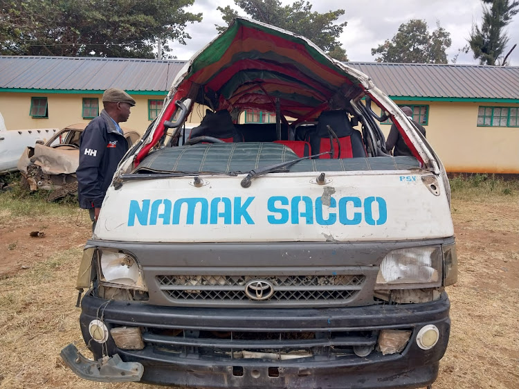 A 14 - passenger- matatu which overturned along Nairobi- Machakos Road killing four in Machakos County on Wednesday, July 6