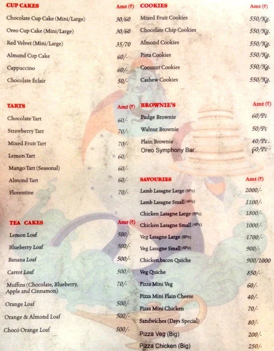 Cake Genie menu 