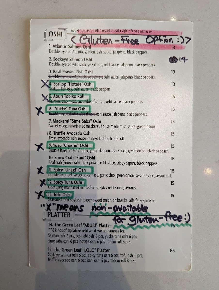 GF Menu - X indicates that the item is NOT gluten-free