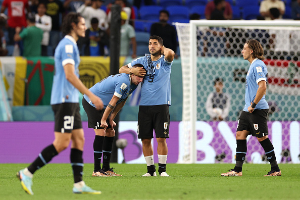 Luis Suarez of Uruguay looks dejected after his sides' elimination from the FIFA World Cup Qatar 2022 after the match against Ghana at Al Janoub Stadium on December 02, 2022 in Al Wakrah, Qatar.