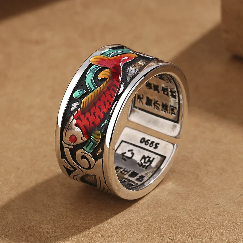 Women's Retro Ethnic Landscape Carp Ring Unique Jewelry Gift Perfect for Her Nature Lovers Bohemian Style Accessory Fash