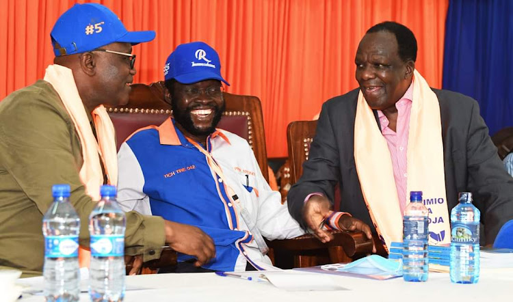 Kisii Governor James Ongwae with his Kisumu counterpart Anyang Nyong'o and Kakamega Wycliffe Oparanya during ODM delegates conference at Tom Mboya Labour College in Kisumu on Monday, February 20.