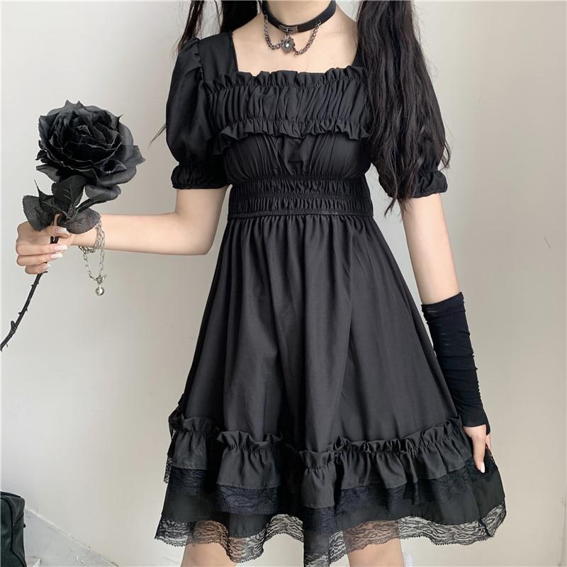 INS Japanese Women Victorian Gothic Square Collar Lace Ruffles Black Lolita  Dress Summer Girls Steampunk Puff Sleeve Mini Dresses | Lazada PH