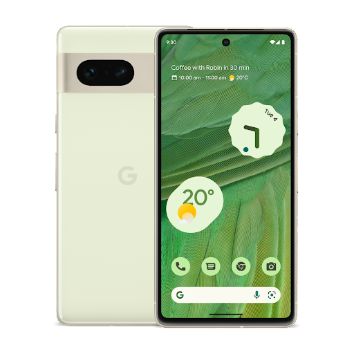 Pixel 7 front and back view in lemongrass colour