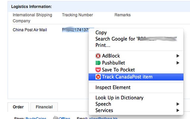 Right-click CanadaPost Tracker chrome extension