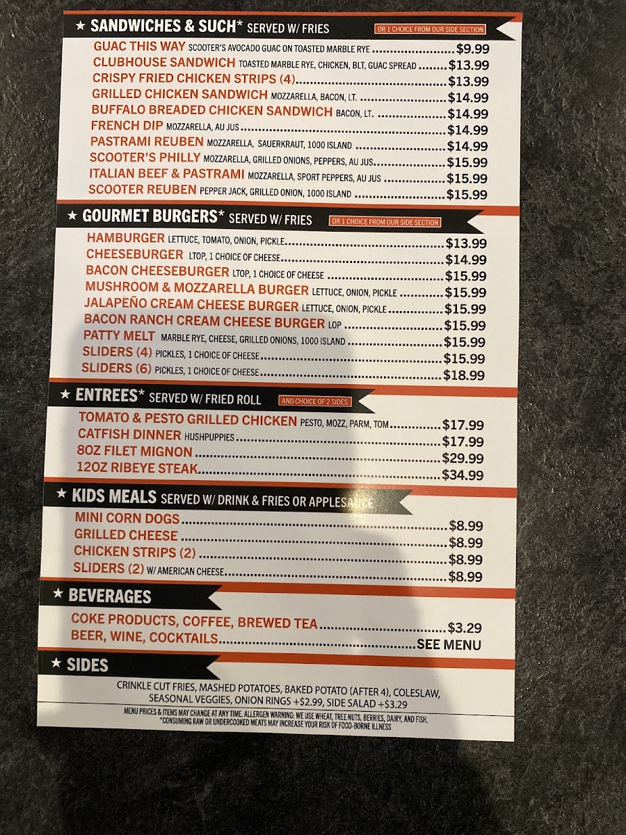 Scooter's Sports Grill gluten-free menu