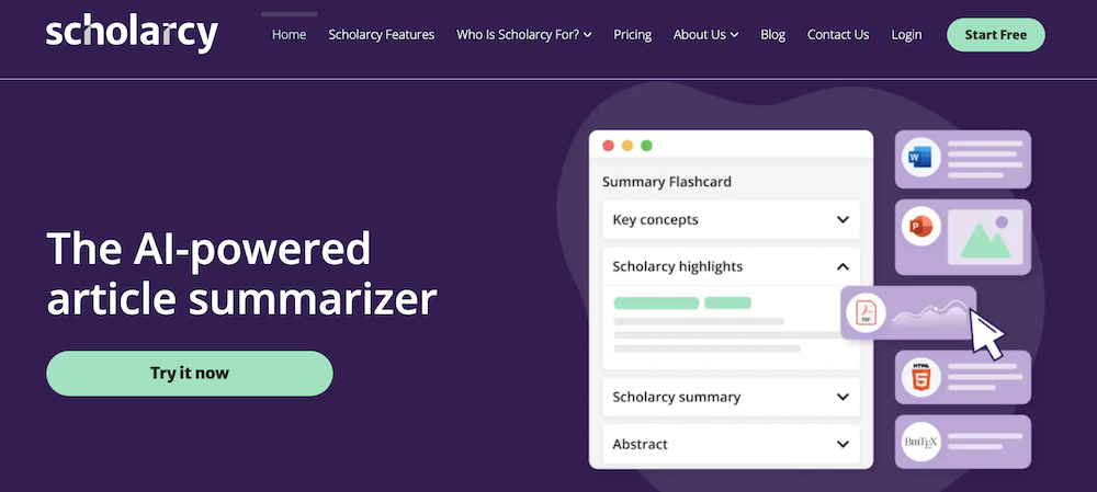 Sholarcy AI-powered article summarizer. Homepage screenshot