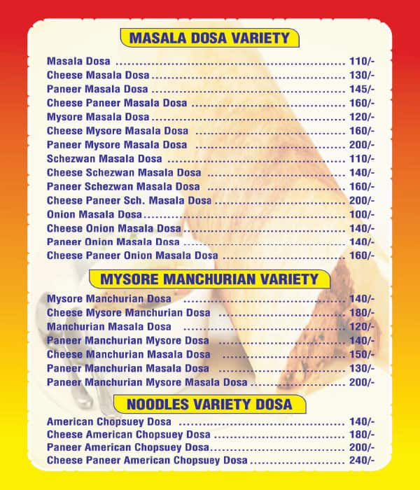 Sai Fast Food Dosa Corner menu 