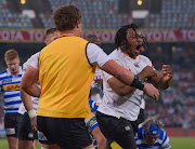 Joseph Dweba of Toyota Cheetahs celebrating his try during the Currie Cup game against Western Province at Toyota Stadium in Bloemfontein on August 24 2019.