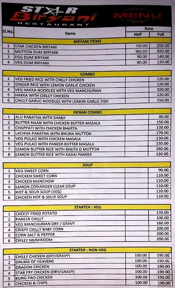 Star Biryani Restaurant menu 