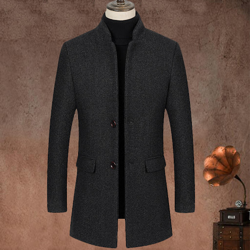 Title 3, Mens Stand Up Collar Mid Length Woolen Slim Fi...