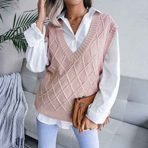 Title 5, European And American V-neck Diamond Check Holl...