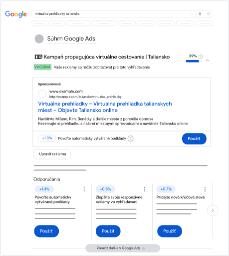Obrázok znázorňujúci súhrn a stav kampaní Google Ads vo výsledkoch vyhľadávania na Googli.