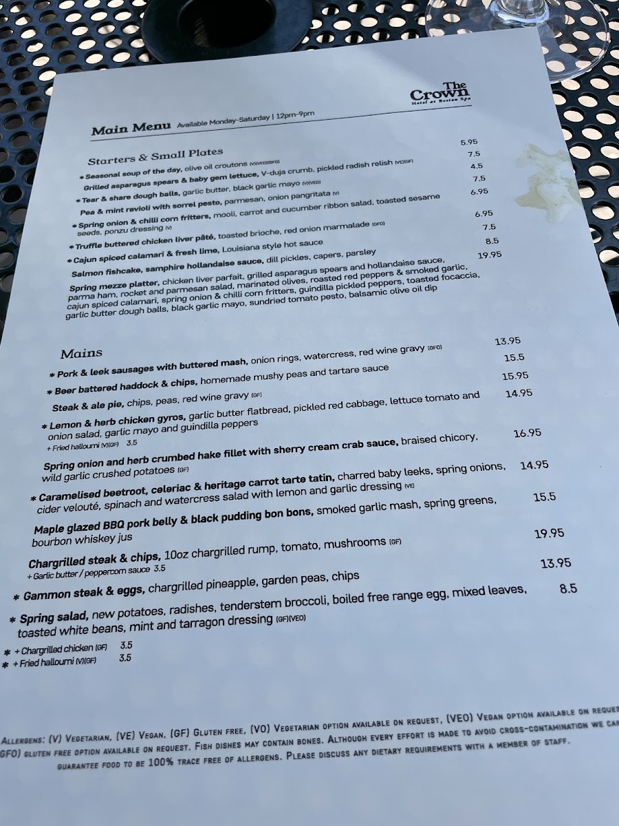 The Crown Hotel at Boston Spa gluten-free menu