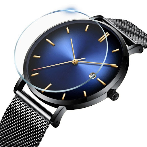 Title 15, Mens mesh belt business watch with a color-fac...