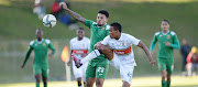 Lulama Maqoko of University of Pretoria and Justice Figareido of Cape Town All Stars during the PSL Promotion Playoff match between University of Pretoria and Cape Town All Stars at ABSA Tuks Stadium on June 08, 2022 in Pretoria, South Africa. 