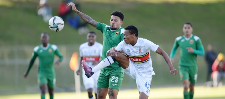 Lulama Maqoko of University of Pretoria and Justice Figareido of Cape Town All Stars during the PSL Promotion Playoff match between University of Pretoria and Cape Town All Stars at ABSA Tuks Stadium on June 08, 2022 in Pretoria, South Africa.