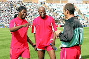 Pollen Ndlanya, Phil Masinga and Steve Crowley during a match between Kaizer Chiefs Legends and Orlando Pirates Legends at FNB Stadium. 