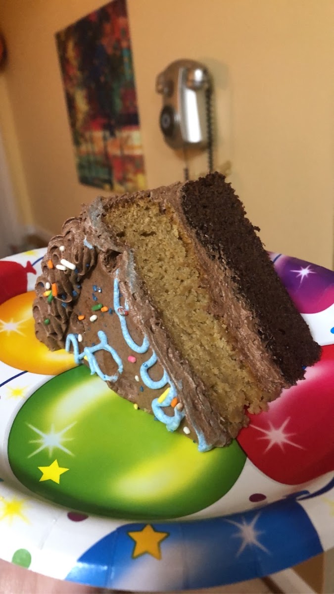 Vanilla and chocolate cake with chocolate frosting