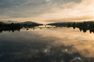 Fog hunting by Jon Eggen -   ( fetsund, tree's, reflections, akershus, yellow, water, sun, norge, norway, skies, farm, bridge, river, green ras, glomma, fog )