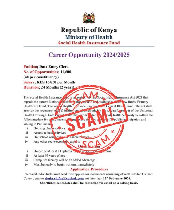 The Ministry of Health flags fake a report advertising for job opportunities.