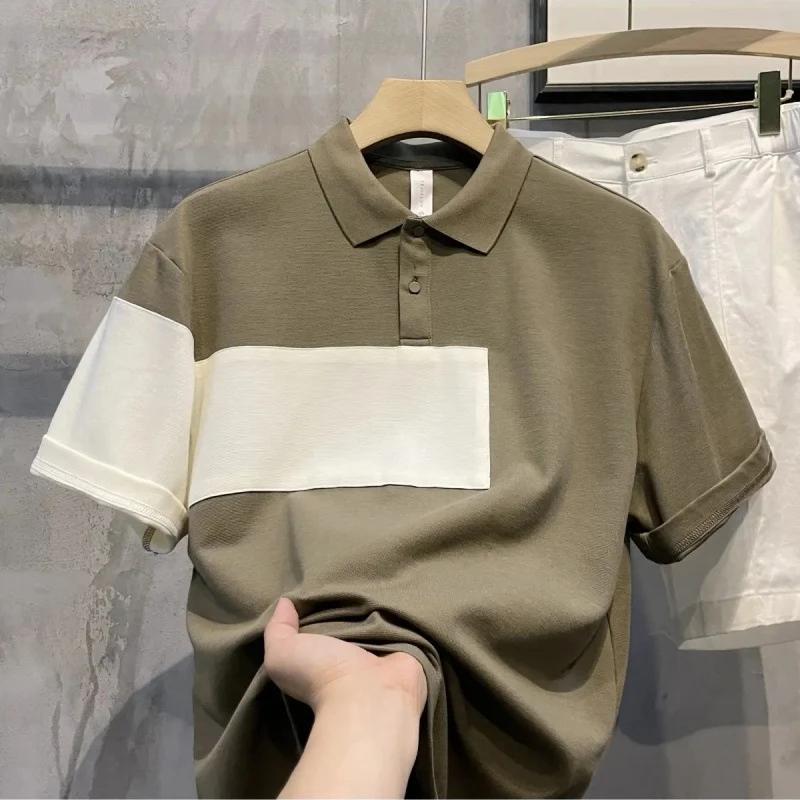 Chemise homme d'été ample patchwork contrasté, revers, manches courtes, tendance et confortable, parfaite pour un style décontracté et frais en été.