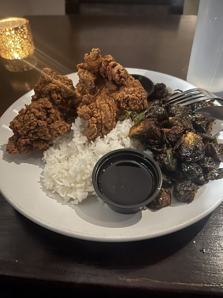 GF Fried chicken, yaki sauce, brussels, white rice