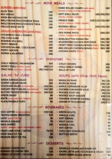 The Garage Dine-In menu 