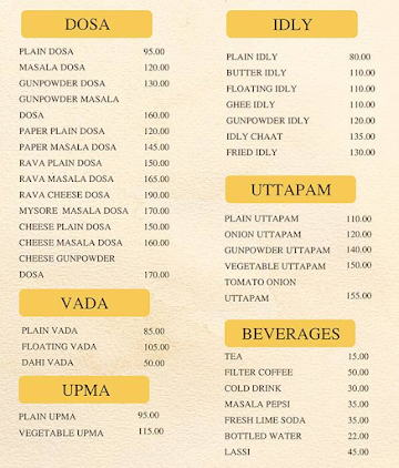 Tirupati South Indian Coffee House menu 