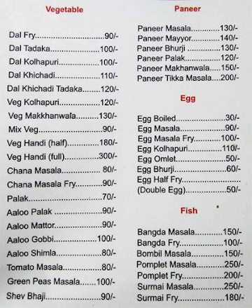 Hotel Prasad menu 