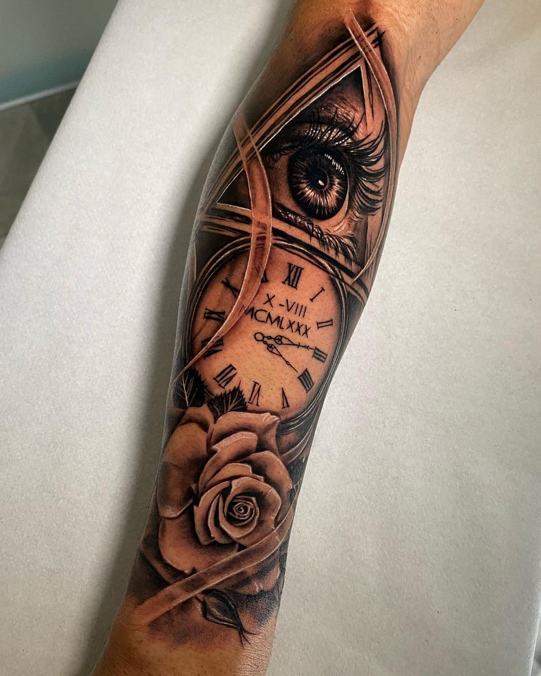 Eye With Clock And Rose Tattoo