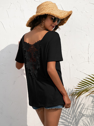 Title 20, Casual Lace Panel V-Neck Pullover Short Sleeve ...