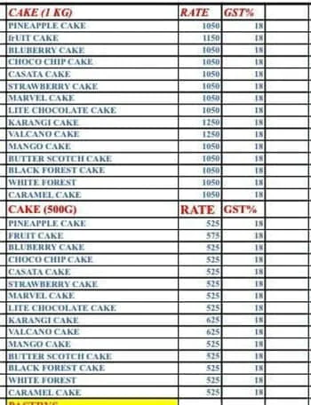 A One Bakery menu 