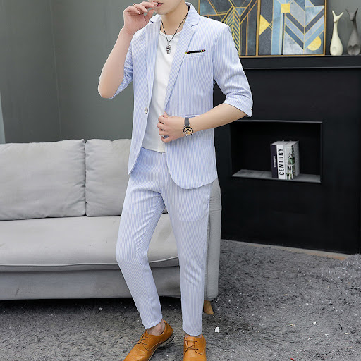 Title 1, Mens mid-sleeve suit, slim fit striped, all-ma...
