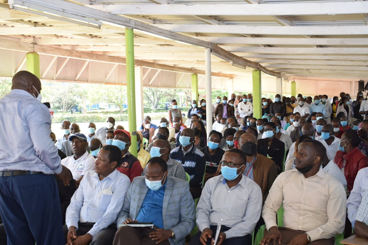 Universities Staff Academic Union (UASU) Secretary General JKUAT Chapter Shadrack Muya addresses JKUAT staff during a joint meeting at the Main Campus Juja on November 10, 2021