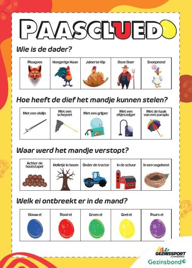 Doel van het spel is te achterhalen wie het paasmandje van de Paashaas heeft gestolen, met welk hulpmiddel de dader het mandje kon stelen, waar het werd verstopt en welk ei er uit het mandje ontbreekt?
De deelnemers kunnen het antwoord op deze vragen vinden door op zoek te gaan naar de PaasCluedo-kaartjes.