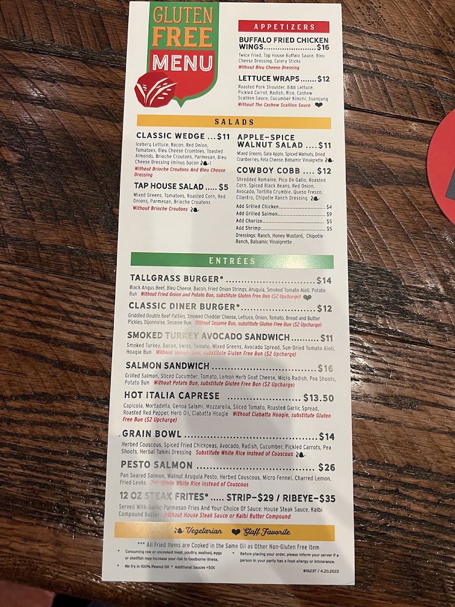 Tallgrass Tap House gluten-free menu