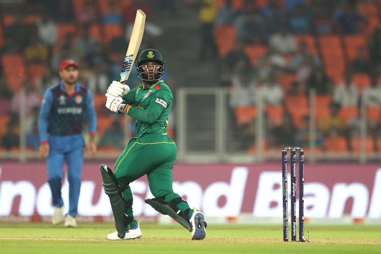 Temba Bavuma plays a shot in the Proteas' ICC Cricket World Cup match against Afghanistan at Sardar Patel Stadium in Ahmedabad, India, on Friday.