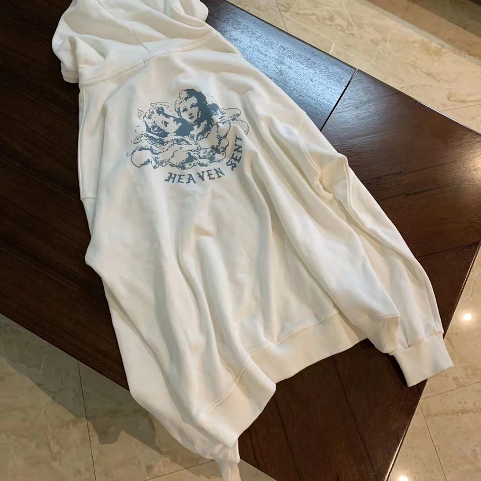 Damessweater met lange mouwen, losse engelenprint en capuchon met rits