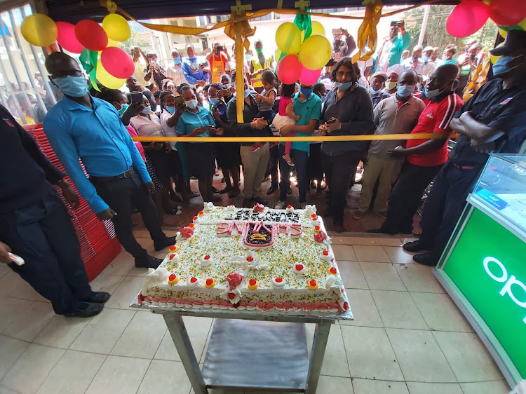 Shivling Supermarket staff during the opening of the second outlet in Kisumu on Tuesday.