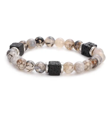 Bracelet homme en pierre volcanique Lava Block, perles de verre et marbre colorées, design rétro pour un style unique et affirmé.